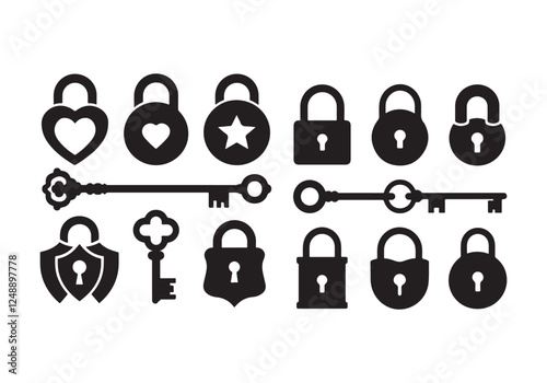 A vector illustration of different lock and key silhouettes with distinct styles. Each lock and key is placed along a central horizontal line for balance. The locks range from classic to modern,
