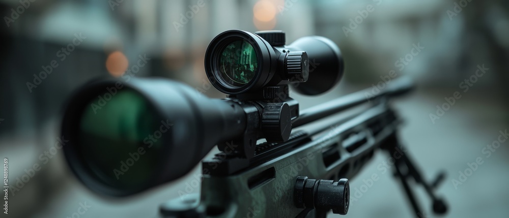 A precision rifle with an attached scope is in sharp focus, set against a blurred, urban backdrop. A precision rifle with an attached scope is in sharp focus, set against a blurred, urban backdrop.