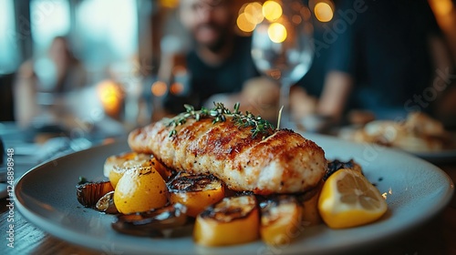 Grilled fish dinner restaurant family background