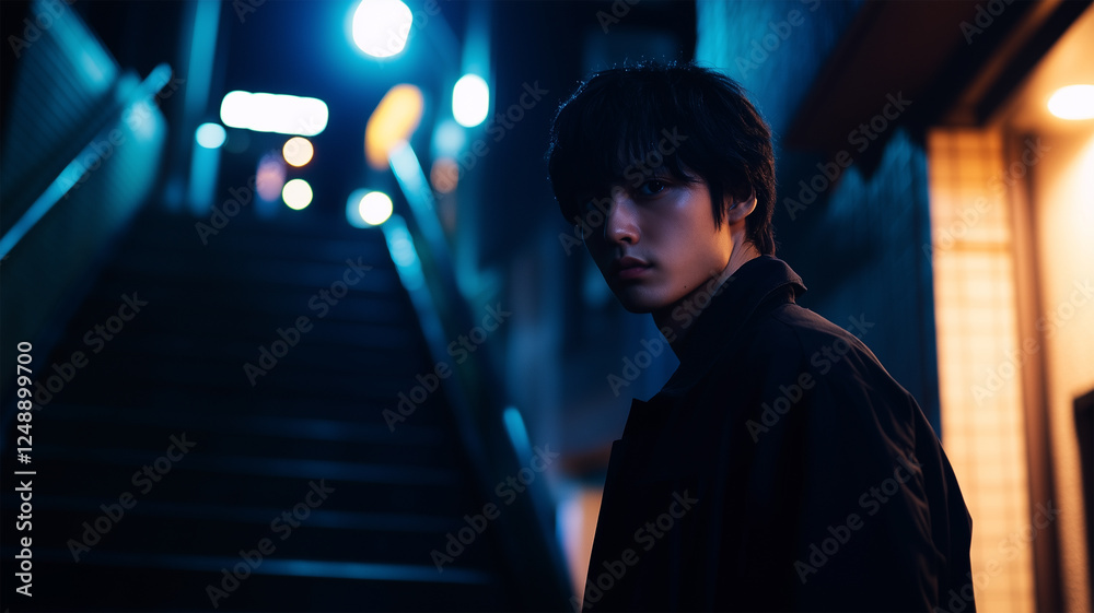 夜の街灯の下、階段で佇む日本人青年 – 光と影が織りなすシネマティックなポートレート 夜の街灯の下、階段で佇む日本人青年 – 光と影が織りなすシネマティックなポートレート