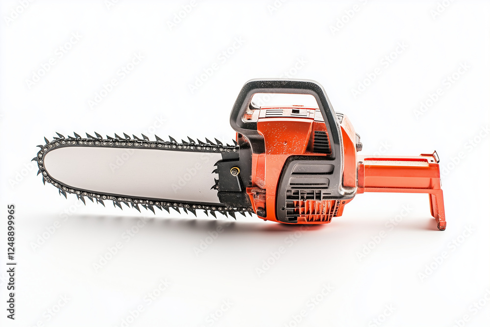 Fototapeta premium Selective focus chainsaw isolated on white background, Motor chainsaw for carpenter and lumberjack.