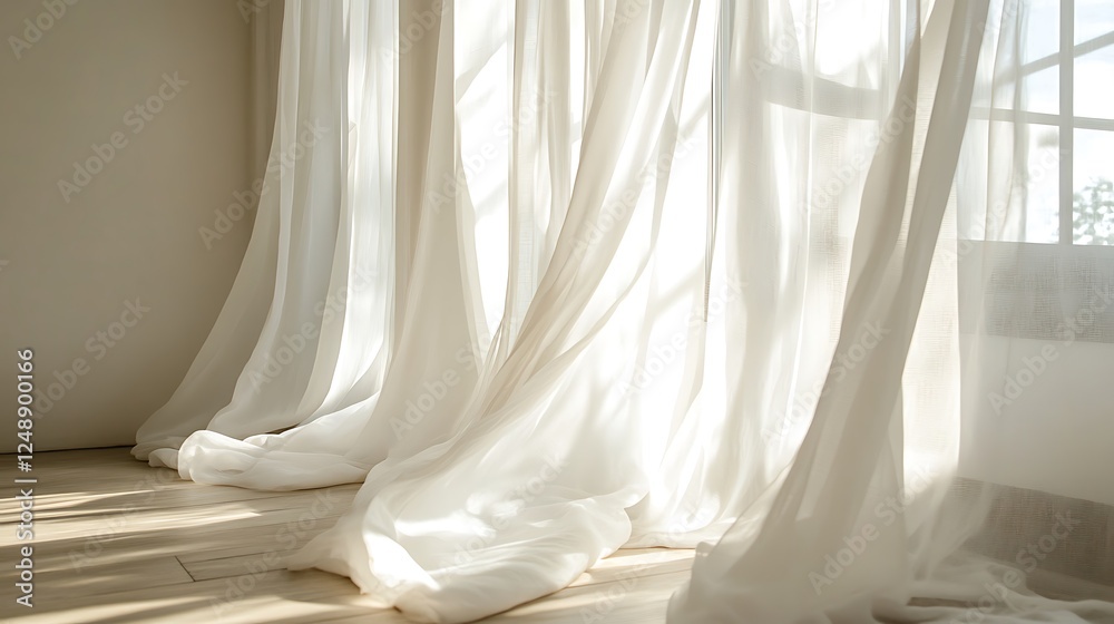 A minimalist bedroom setup with sheer white curtains flowing in natural light