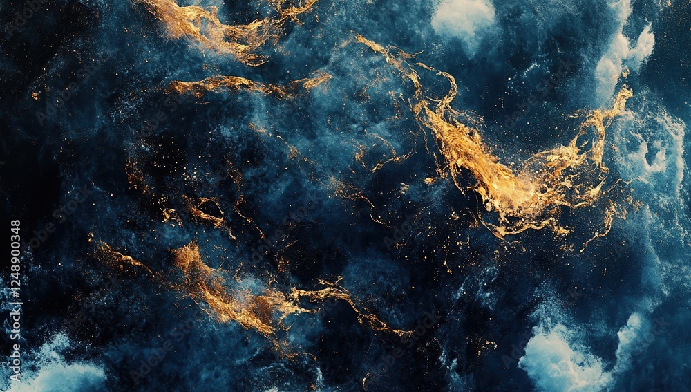 Obraz premium Cosmic Nebula: Gold Dust and Blue Swirls Dance Across the Dark Void, Creating a Stunning Celestial Masterpiece