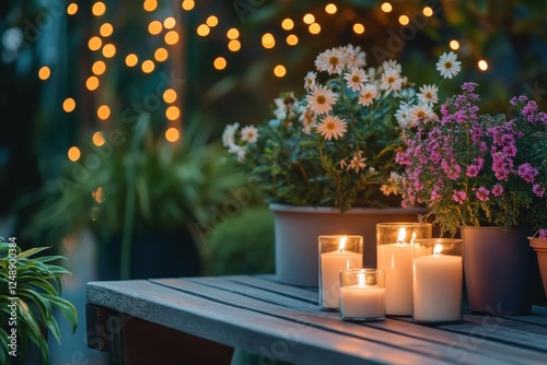 A dreamy outdoor evening setup with candles placed on a wooden bench, surrounded by potted flowers and fairy lights in the background. photo