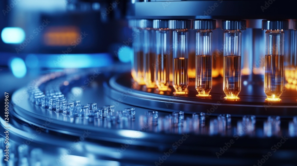 High tech laboratory setup showcasing automated equipment with glass vials. Ideal for scientific research, biotechnology, or pharmaceutical applications, highlighting precision and innovation High tech laboratory setup showcasing automated equipment with glass vials. Ideal for scientific research, biotechnology, or pharmaceutical applications, highlighting precision and innovation