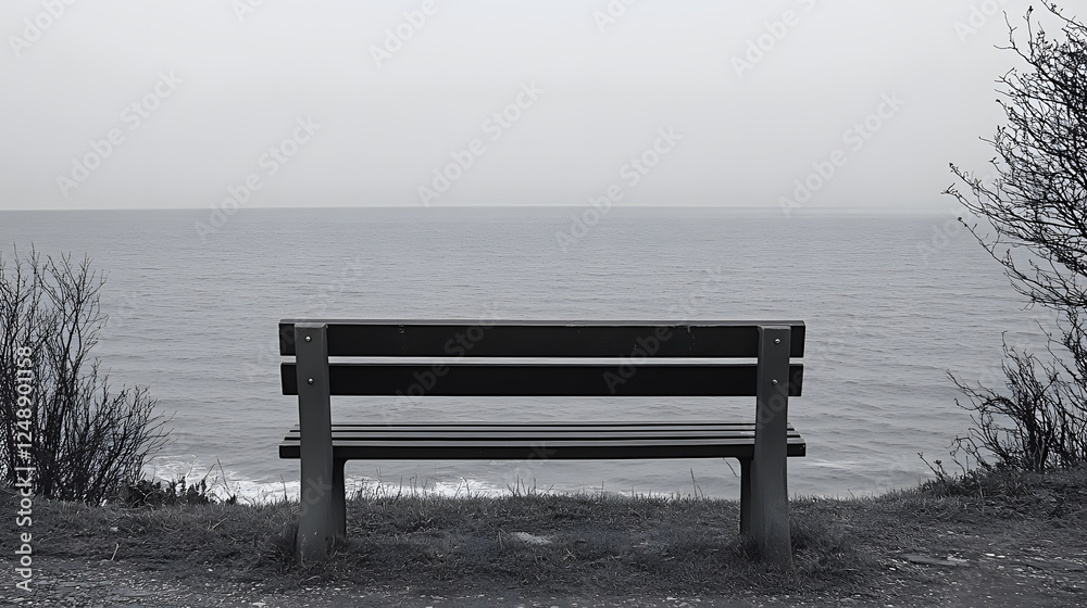 A solitary bench overlooks a calm sea, surrounded by muted greenery, creating a serene and contemplative atmosphere A solitary bench overlooks a calm sea, surrounded by muted greenery, creating a serene and contemplative atmosphere