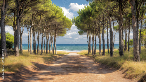 A serene pathway lined with trees leads to a beautiful beach, showcasing a tranquil landscape with blue skies and gentle waves