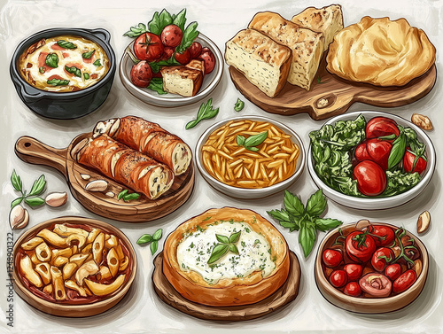 Wallpaper Mural Cartoon food image: vibrant kitchen with a spread of delicious meals. Torontodigital.ca