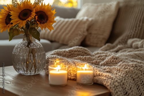 A relaxing living room scene with candles glowing on a coffee table, framed by a vase of sunflowers and a cozy knit throw blanket.