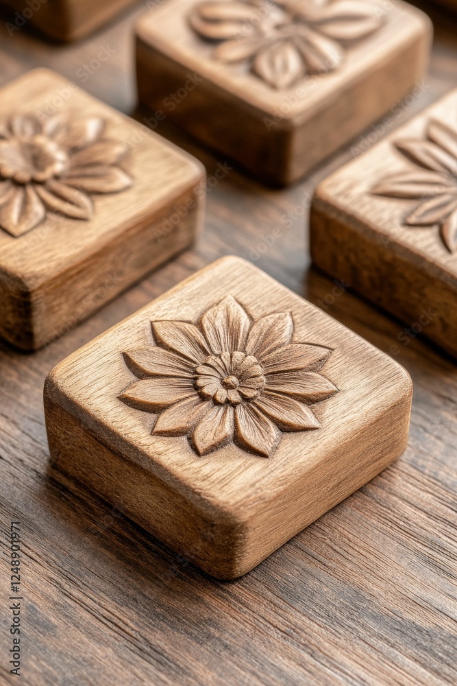 Handcrafted wooden blocks with intricate flower carvings, showcasing artistry and natural materials on a textured surface. Handcrafted wooden blocks with intricate flower carvings, showcasing artistry and natural materials on a textured surface.