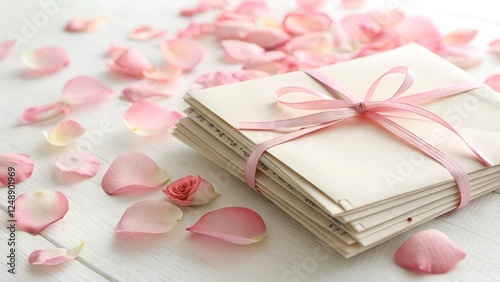 A stack of envelopes tied together with a pink ribbon is surrounded by scattered rose petals.