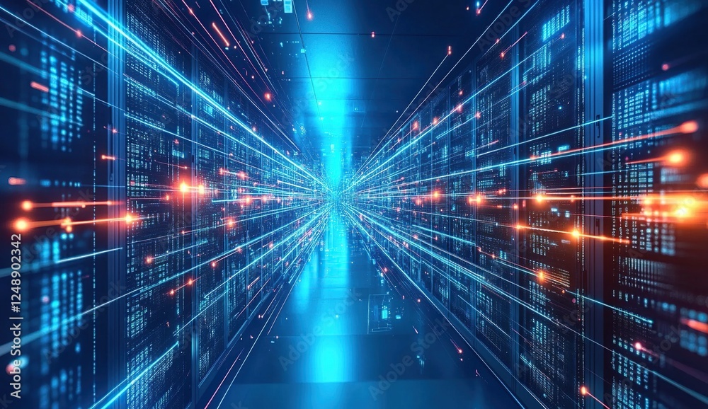 Data Streams Flowing Through a Modern Server Room:  A Journey into the Digital Core of the Internet's Infrastructure