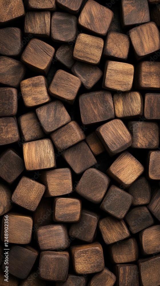 A close-up view of numerous dark wooden cubes arranged haphazardly, showcasing their rich texture and natural grain. A close-up view of numerous dark wooden cubes arranged haphazardly, showcasing their rich texture and natural grain.