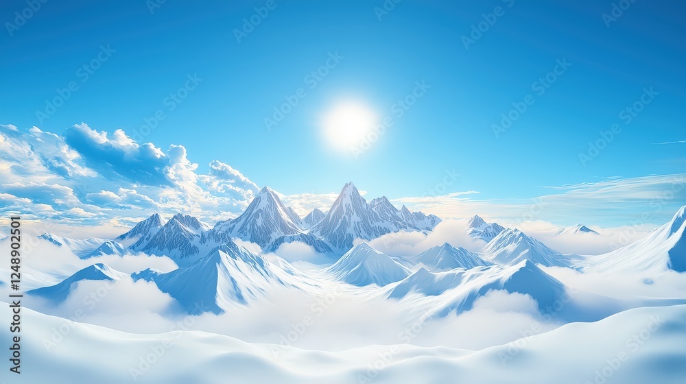 A breathtaking view of a mountain range covered in pristine snow, with bright winter sunshine and a crisp blue sky above. A breathtaking view of a mountain range covered in pristine snow, with bright winter sunshine and a crisp blue sky above.