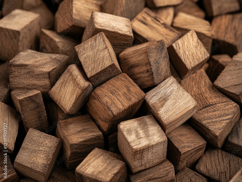 Fototapeta premium A close-up of numerous wooden cubes, showcasing their natural textures and rich, warm hues, creating a visually appealing arrangement.