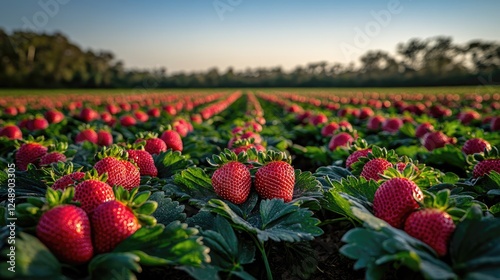 Lush strawberry field at sunrise with ripe fruit ready for harvest amidst green foliage
