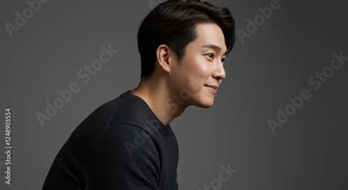 Profile Portrait Photograph of a Smiling Man in a Dark Shirt against a Gray Background, Ideal for Professional and Lifestyle Imagery.