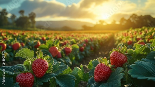 Lush strawberry field at sunset with ripe berries and vibrant green leaves under a cloudy sky
