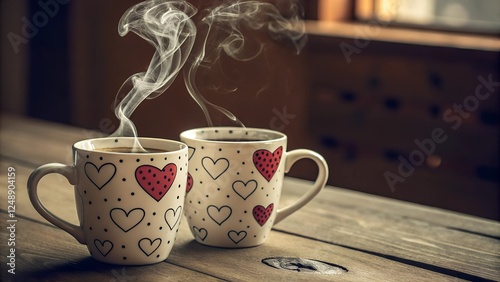 Two mugs with heart patterns, filled with steaming coffee or tea, create a warm and cozy scene.