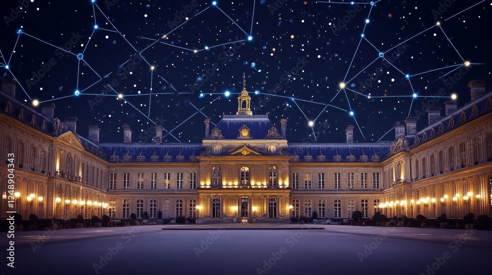 Naklejka premium Historic French Palace in Network of Blue Abstract Stars Constellation Connection, Night Outdoor