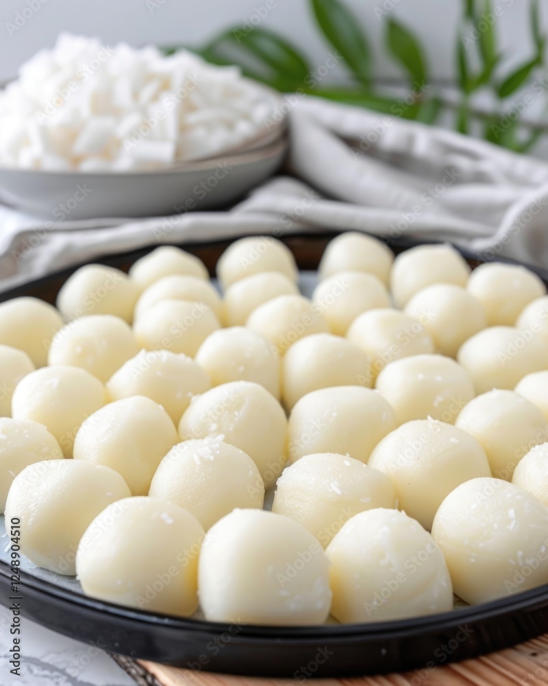 Delicious coconut mochi on tray with fresh ingredient preparation Delicious coconut mochi on tray with fresh ingredient preparation