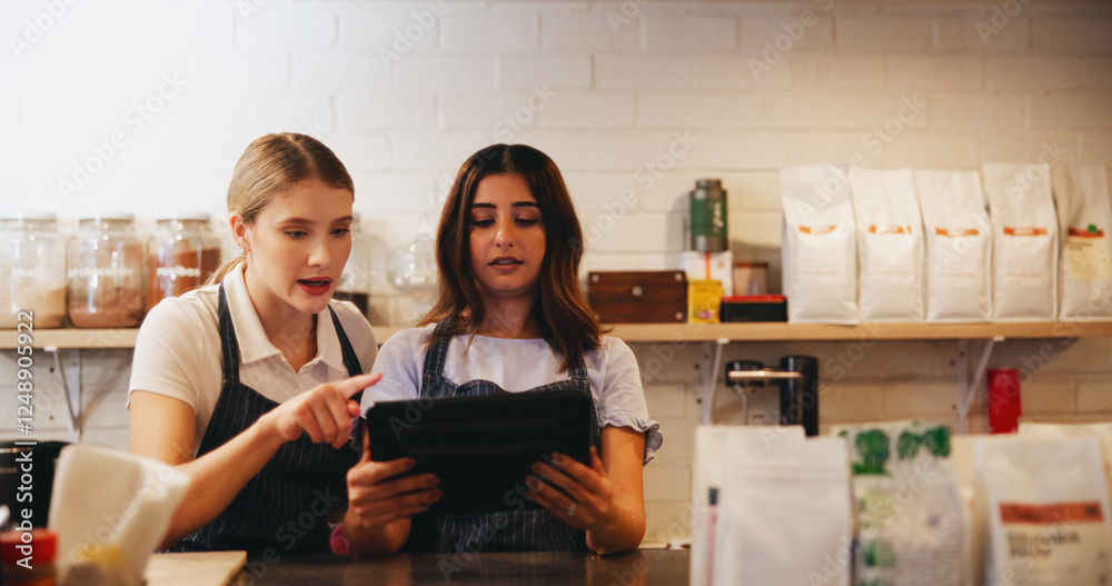 Cafe, barista and manager with tablet for restaurant management, orders or customer service reviews. Women, waiter and business owner with digital technology for coffee shop, startup or ecommerce Cafe, barista and manager with tablet for restaurant management, orders or customer service reviews. Women, waiter and business owner with digital technology for coffee shop, startup or ecommerce