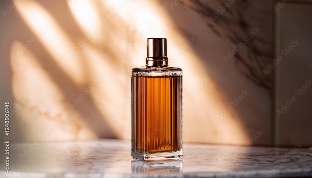 Elegant Blank Perfume Bottle Mockup with Brown Liquid in a Warm Temperature. Perfume with Marble Background and Natural Daylight. Elegant Blank Perfume Bottle Mockup with Brown Liquid in a Warm Temperature. Perfume with Marble Background and Natural Daylight.