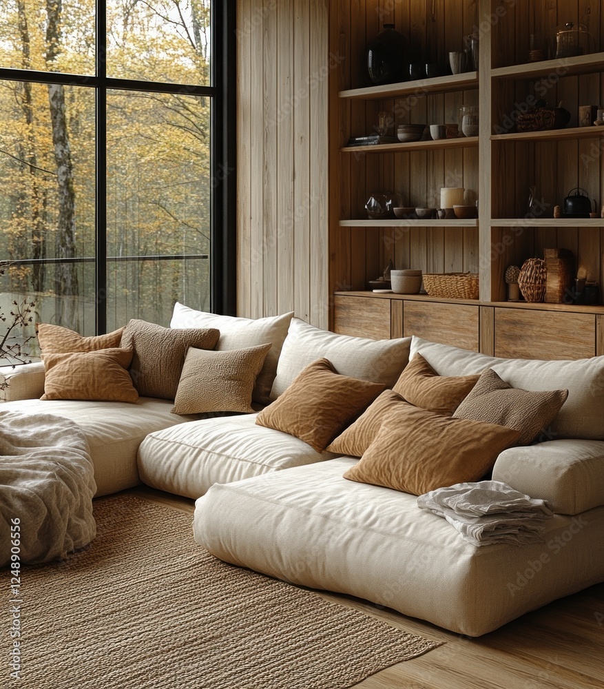 Fototapeta premium Cozy Scandinavian Living Room with Light Beige Sofa and Wooden Decor