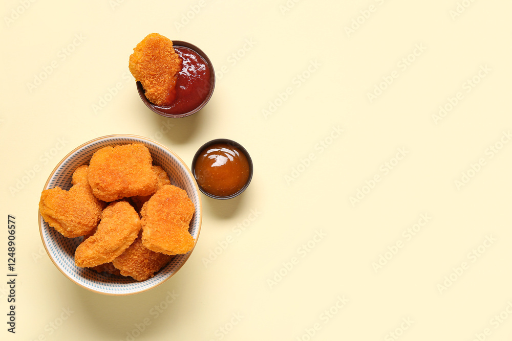 Bowl with tasty nuggets and different sauces on yellow background Bowl with tasty nuggets and different sauces on yellow background