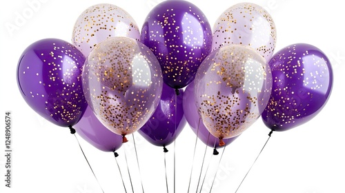 Purple balloons with gold glitter confetti isolated on a transparent or white background. --ar 16:9 --style raw --stylize 250 --v 6.1 Job ID: 454af92a-0dc5-4896-a8f8-05a092b4d920