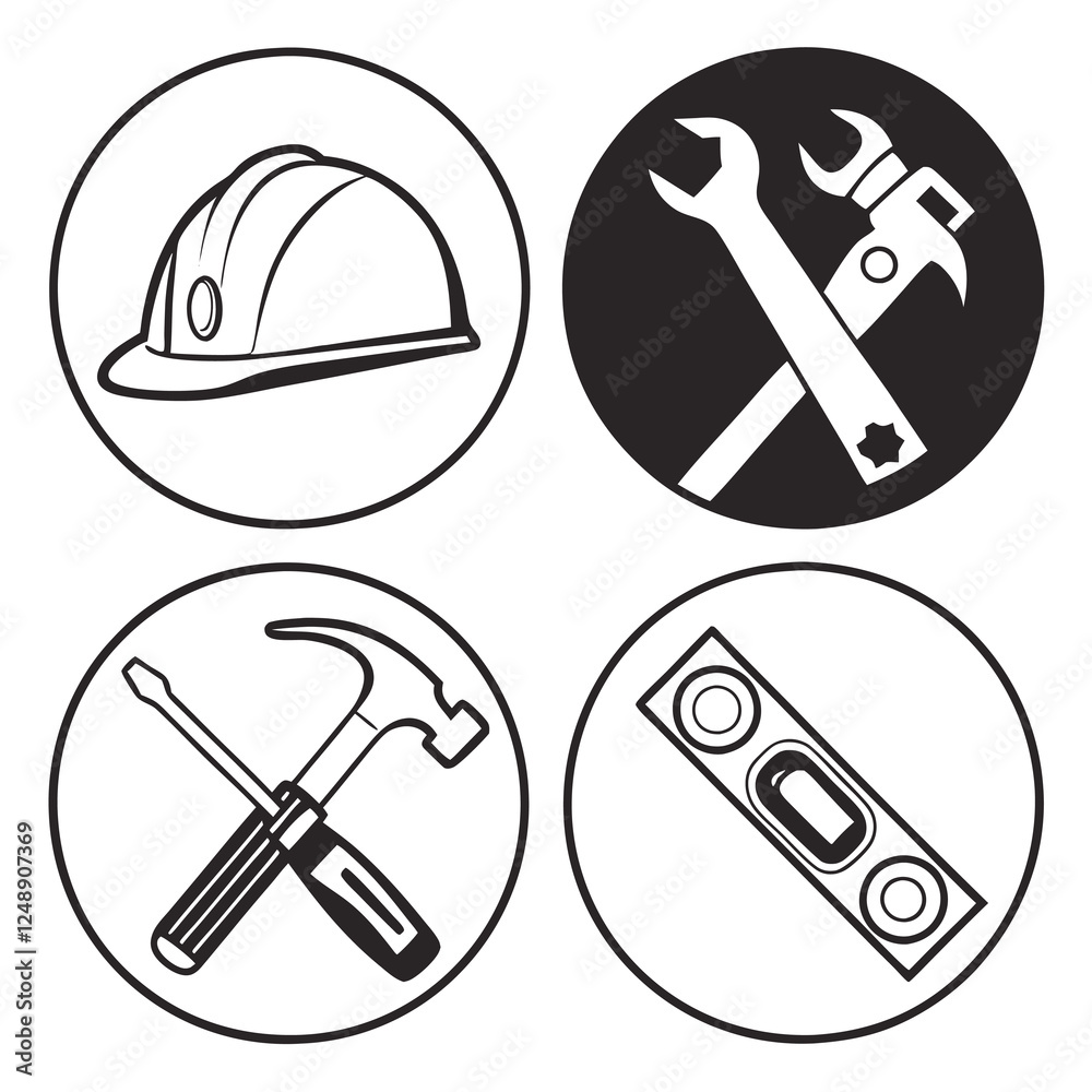 Architecture And Engineering icon Set On Flat Circle Base Architecture And Engineering icon Set On Flat Circle Base