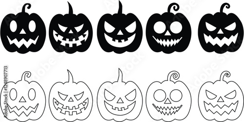 Halloween pumpkin icon set.Evil pumpkin symbol. Halloween decoration cartoon sign.Cute Creepy Spooky Halloween Pumpkin Fall Autumn Sticker Print Illustration.Halloween evil face vector illustration.
