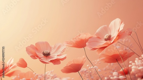 Beautifully rendered peach colored flowers blossom against a soft background photo