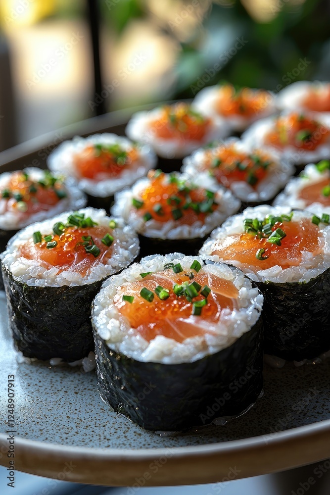 Delicious Salmon Sushi Rolls Garnished With Caviar Delicious Salmon Sushi Rolls Garnished With Caviar