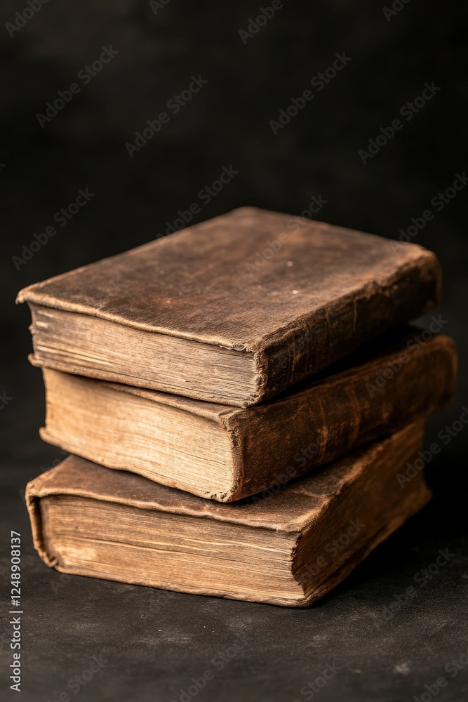 A stack of antique, worn books with leather bindings, showcasing their age and character against a dark background. A stack of antique, worn books with leather bindings, showcasing their age and character against a dark background.