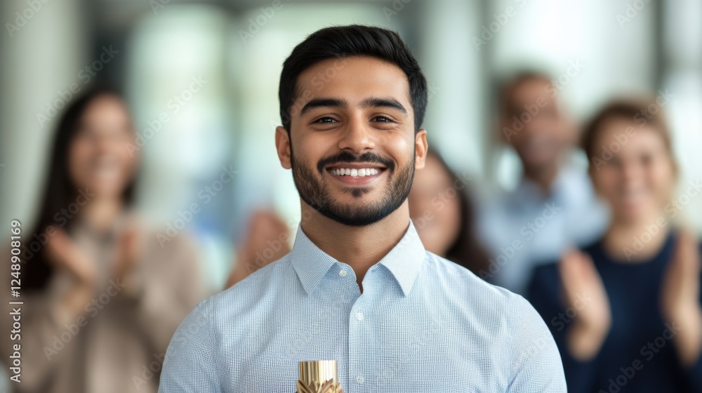 Obraz premium businessman holding trophy with people clapping