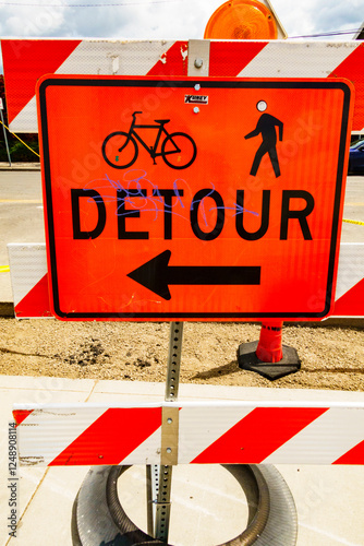 Detour sign on a pavement for pedestrians and cyclists, and a red and white barrier. photo