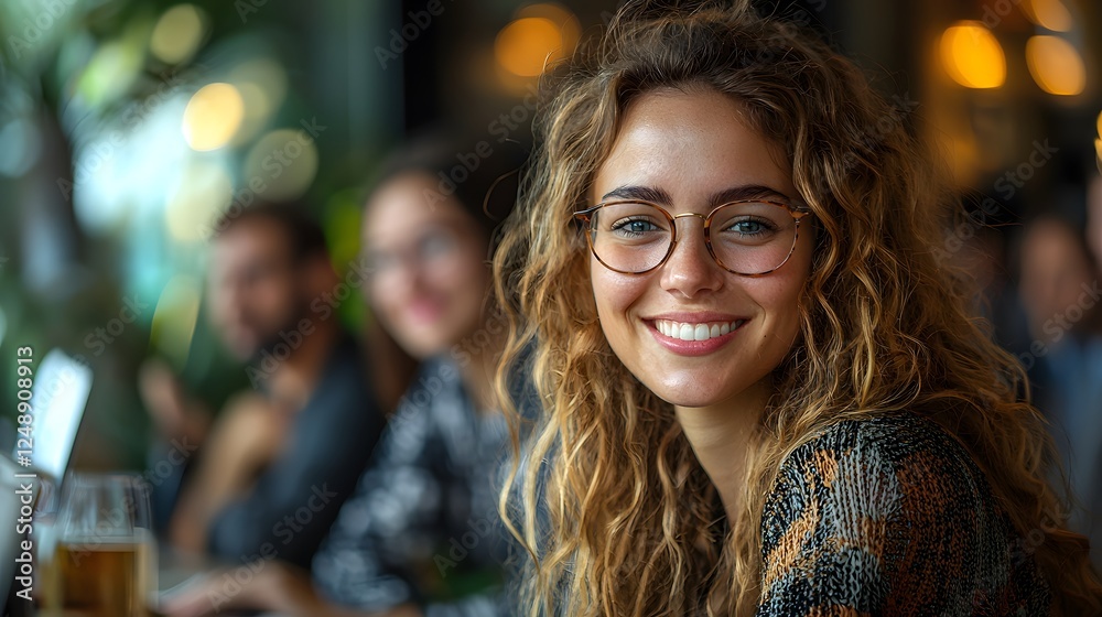 Naklejka premium Young woman with curly hair and glasses smiling warmly in a cozy cafe setting, surrounded by blurred friends enjoying their time together with beverages in an inviting atmosphere.