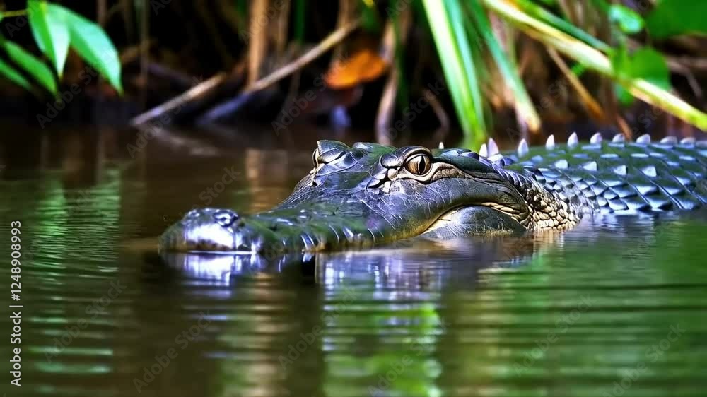 A striking portrait of a crocodile floating in a river, with only its eyes visible above the surface and the jungle surrounding it.
A striking portrait of a crocodile floating in a river, with only its eyes visible above the surface and the jungle surrounding it.