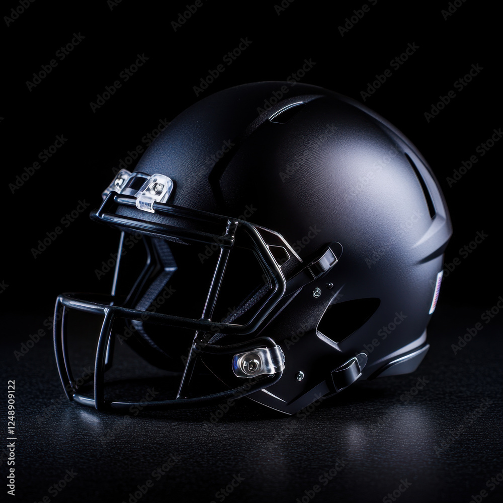 Fototapeta premium sleek black football helmet on dark surface, showcasing its modern design and protective features. Perfect for sports enthusiasts and athletes
