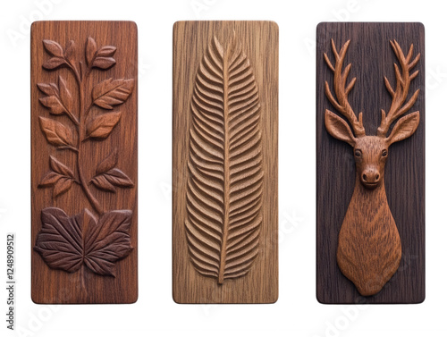 Artistic wood carvings of leaves and deer imagery in natural tones, isolated on transparent or white background