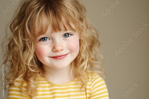 A cheerful young girl with curly blonde hair and blue eyes smiling at the camera.