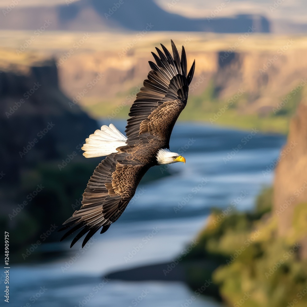 Obraz premium Bald eagle diving toward a river surrounded by cliffs