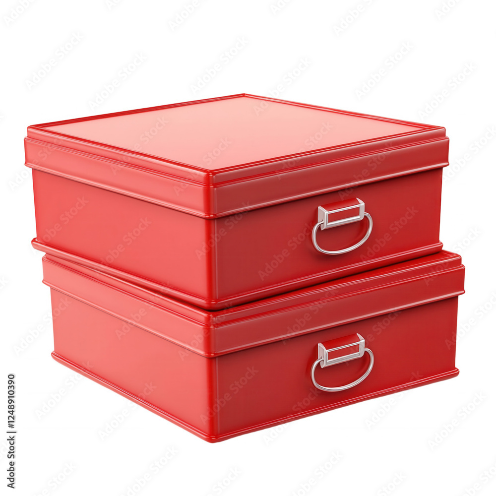 Two stacked red storage boxes for organizing items and decor, isolated on transparent or white background Two stacked red storage boxes for organizing items and decor, isolated on transparent or white background