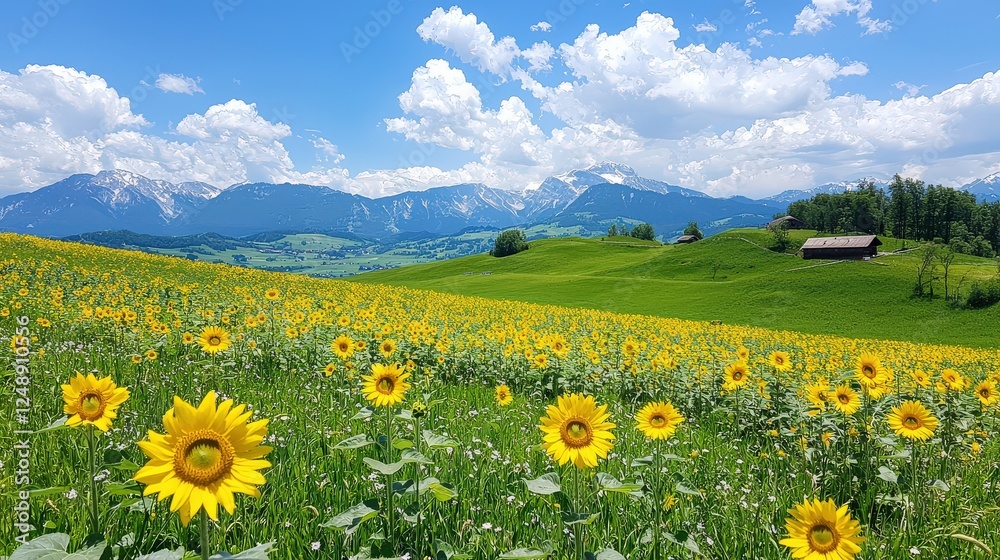 Fototapeta premium A vast sunflower field in full bloom, glowing under the golden summer sun, stretching as far as the eye can see.
