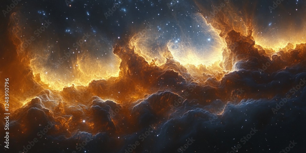 Fototapeta premium Vibrant Cosmic Landscape Nebula Abstract Expressionism Dramatic Light Panoramic Space View