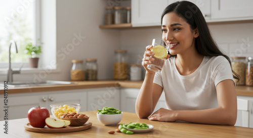 Young asian female enjoying lemon water in a modern kitchen