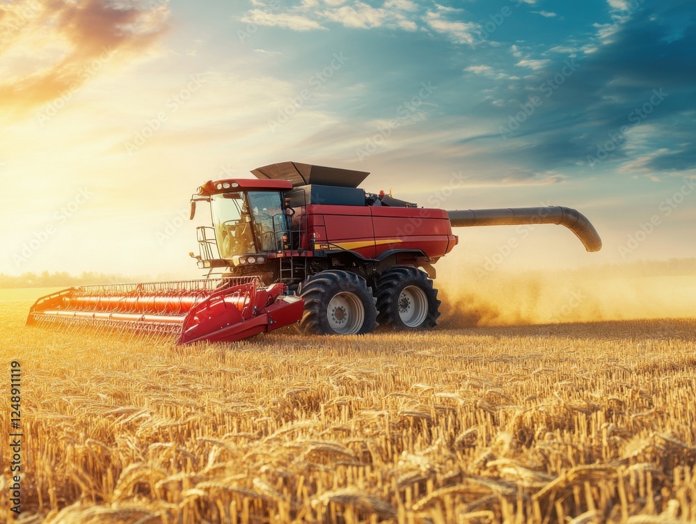 Obraz premium Combine harvester working in a golden field, leaving rows of cut crops behind under a bright sky