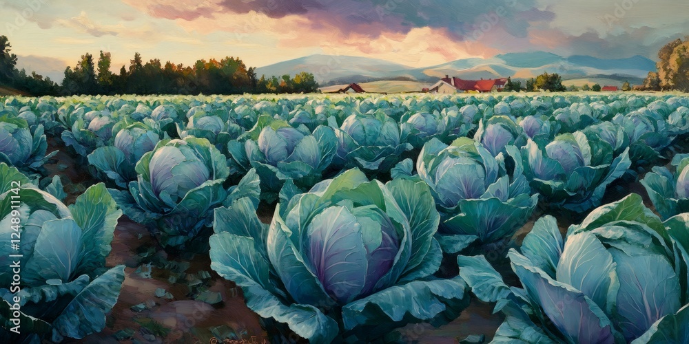 Fototapeta premium Lush cabbage field at sunset with scenic mountains