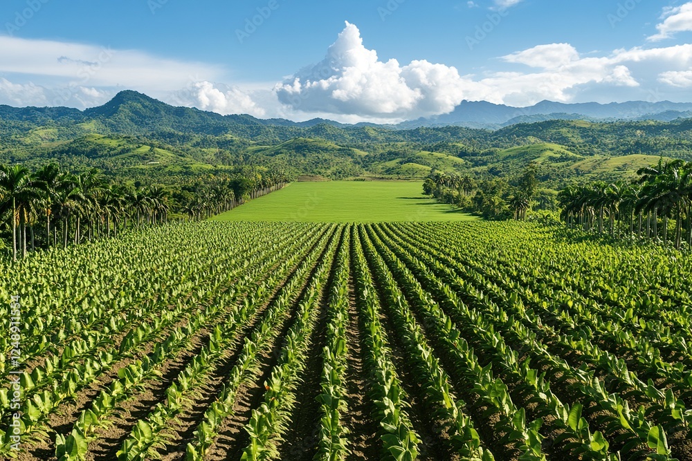 Tobacco Plants Grow Lushly in Scenic Rows, Under a Blue Sky and Puffy Clouds, Tropical Paradise Farming. Tobacco Plants Grow Lushly in Scenic Rows, Under a Blue Sky and Puffy Clouds, Tropical Paradise Farming.